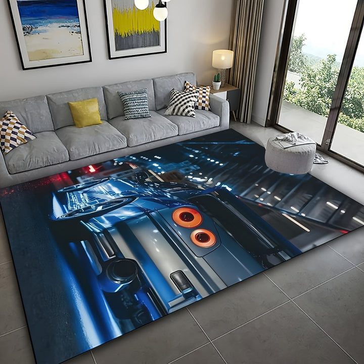 Alfombra de Área de Coche Deportivo Azul Lujosa - Antideslizante, Lavable a Máquina, Poliéster, Perfecta para Sala de Estar, Dormitorio, Bar y Habitaciones Juveniles - Disponible en 19x31/31x47/47x62/62x90 Pulgadas