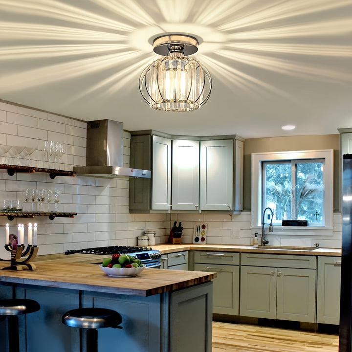 1 Lámpara de Techo Semi-Encajada Pequeña con Cristales, Luz de Jaula Metálica Estilo Granja para Iluminación Interior en Salón Pasillo Baño Entrada Cocina, Bombilla E26 No Incluida