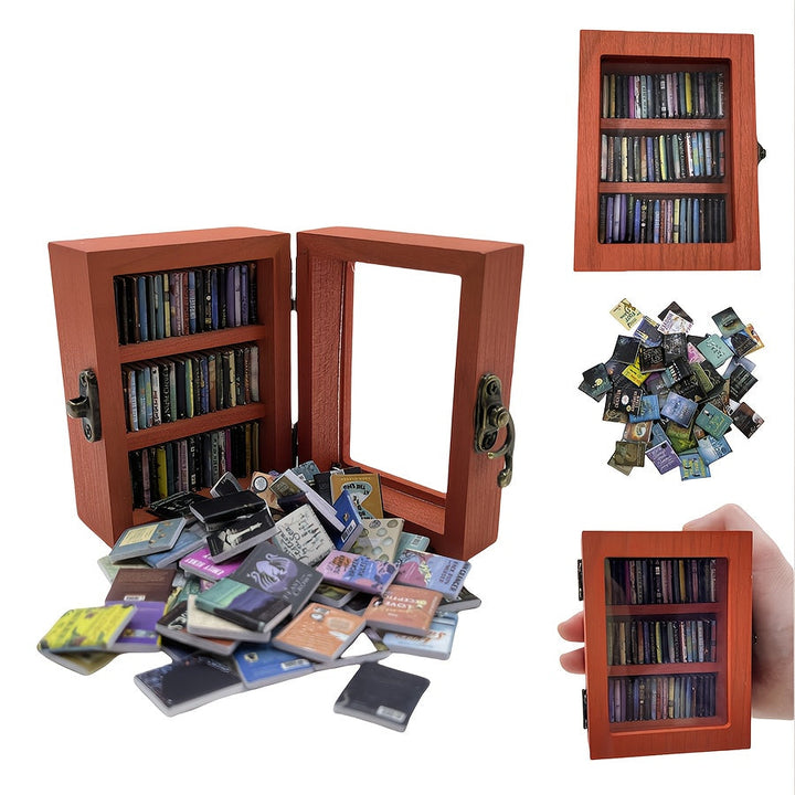 1pc Estantería Mini Librería Decorativa con Estante Mecedor "Shake Away Your Anxiety" Incluye 60 Libritos Pequeños, Ideal para Amantes de los Libros y Decoración de Oficina en Casa