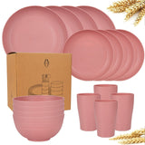 Juego de vajilla premium de paja de trigo, 16 piezas irrompibles, apto para microondas y lavavajillas, set negro con 8 platos, 4 tazones y 4 tazas