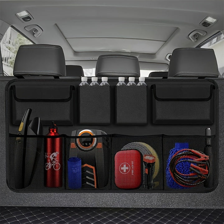1 Organizador de Maletero y Asiento de Coche Duradero en Poliéster - Bolsa Plegable con 8 Bolsillos y Correas Ajustables, Ideal para Herramientas, Botellas y Accesorios, Perfecto para Almacenamiento en el Vehículo