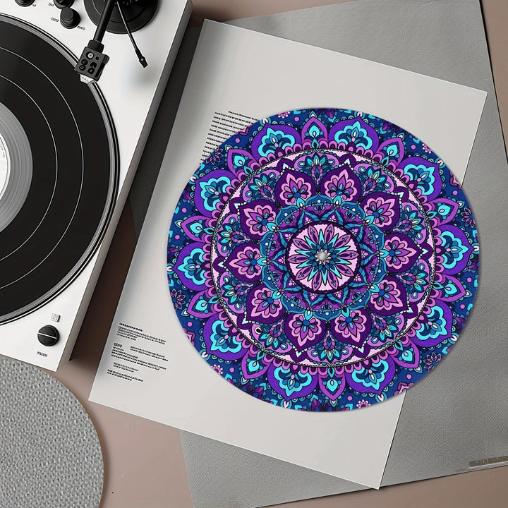 1pc RSHUBINO Alfombrilla Bohemia Mandala para Tocadiscos - 12 Pulgadas, 3mm de Grosor Antideslizante y Anti-Estática, Diseño Floral Azul Vibrante sobre , Mejora la Calidad del Sonido, Regalo Perfecto para Amantes de la Música y Aficionados a los DJ, Acce