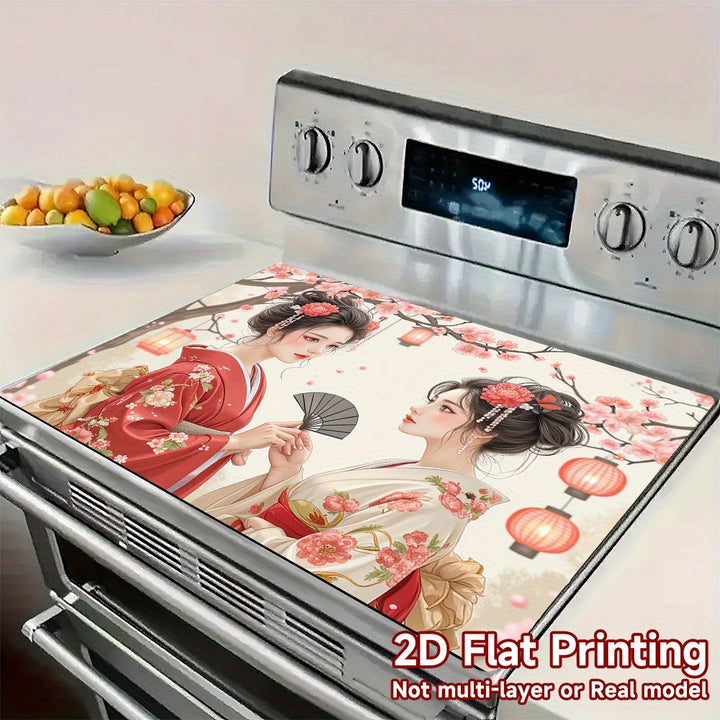 1pc Alfombra de Cocina Japonesa - Diseño Tradicional Geisha y Farolillo, Protector para Estufas, Tapete Lavadora/Secadora, Base Decorativa para Encimera - Fácil de Limpiar, Compatible con Placas Eléctricas y de Gas, Cubierta para Superficies de Electrodo