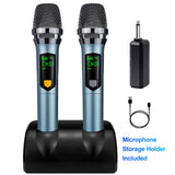 Micrófono sin varillas, Sistema de Micrófonos Dinámicos Manuales Doble con Receptor Recargable y Soporte de Escritorio para Canto, Bodas, Fiestas, Enseñanza