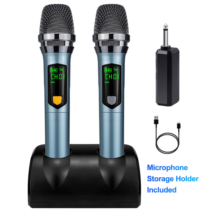 Micrófono sin varillas, Sistema de Micrófonos Dinámicos Manuales Doble con Receptor Recargable y Soporte de Escritorio para Canto, Bodas, Fiestas, Enseñanza