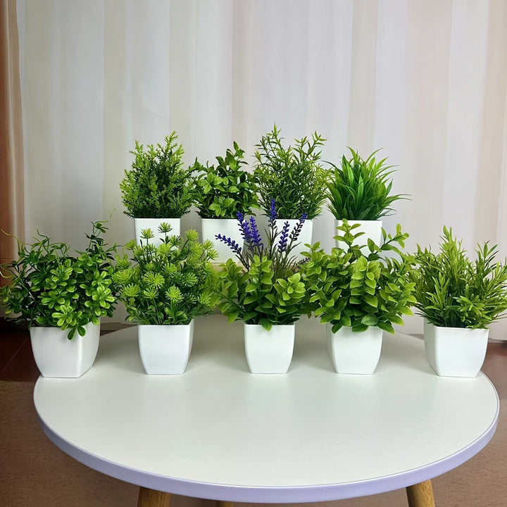 9 Piezas, Plantas Artificiales En Macetas, Pequeñas Macetas De Plástico Blanco Para Decoración, Plantas Verdes Falsas Para El Hogar, La Oficina, El Baño, La Estantería Y La Decoración Interior Del Escritorio, Decoración De Primavera Y Verano