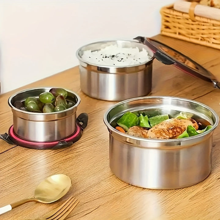 Juego de 3 Recipientes Herméticos para Alimentos de Acero Inoxidable con Tapas, Contenedores Reutilizables Antifugas para Ensaladas y Snacks, Boles Airtight, Esenciales de Cocina