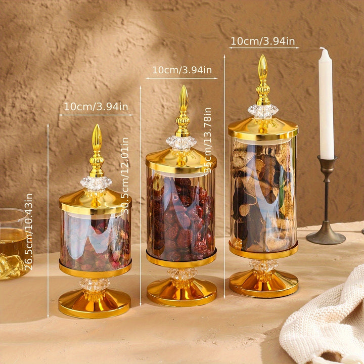 Tarros de Vidrio al Estilo Europeo con Detalles Dorados - Recipientes Herméticos Redondos para Té, Galletas y Especias - Decoración Versátil para Cocina y Sala, Ideal para Bodas y Fiestas