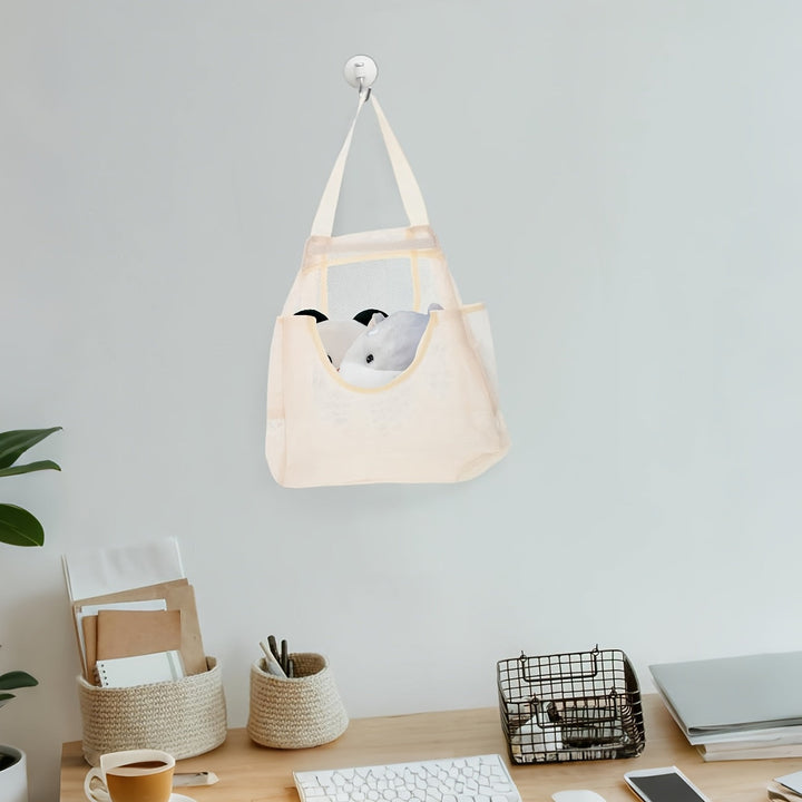 Bolsa de Almacenamiento de Juguetes de Malla Beige - Organizador de Peluche Reutilizable con Lazo para Colgar para Viajes de Niños y Esenciales de la Sala de Juegos, Caja de Almacenamiento de Juguetes