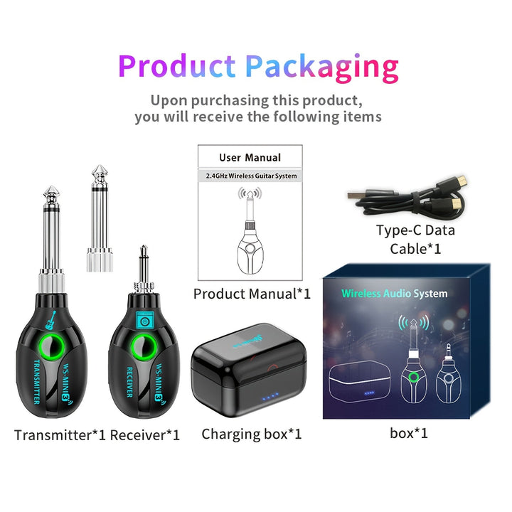Sistema inalámbrico para guitarra de 2.4 GHz, material ABS negro, incluye transmisor, receptor, estuche para batería, carga magnética, compatible con audio mono de 6.35 mm y 3.5 mm, para instrumentos musicales eléctricos
