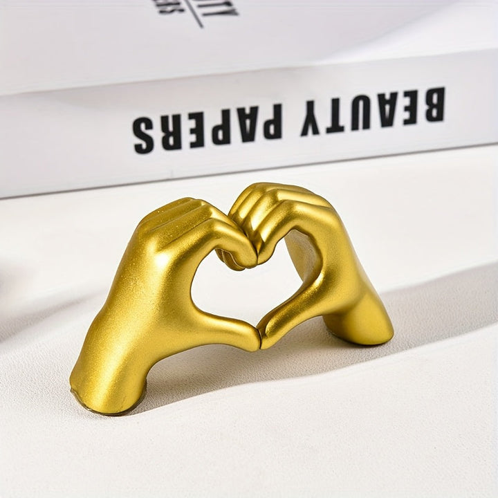 Estatuilla de Corazón Hecha a Mano en Resina - Diseño Clásico de Manos Entrelazadas Dorado, Decoración Elegante para Bodas y San Valentín, Adorno Romántico para Escritorio del Hogar u Oficina, Sin Necesidad de Electricidad