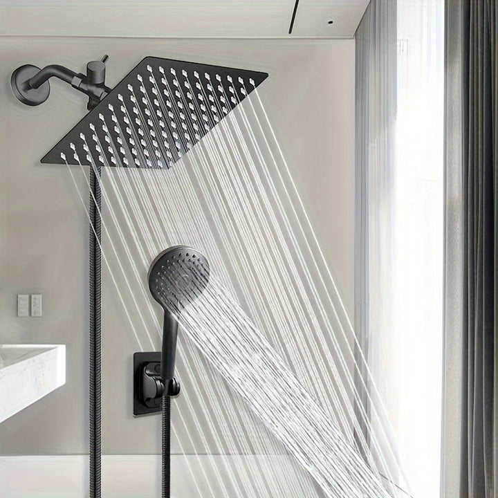 1 juego de cabeza de ducha de acero inoxidable clásico cuadrado, montaje en pared con pulverizador de lluvia, divisor de 3 vías, anti-salpicadura, manguera flexible, soporte sin taladro, acabado pintado, estilo de montaje en pared para experiencia de bañ