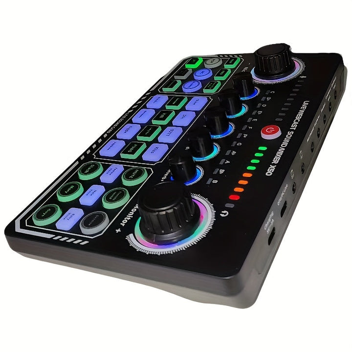 Interfaz de audio portátil, dispositivo de tarjeta de sonido, para uso en PC, iPad, teléfono. Ideal para grabación, transmisión en vivo, comentarios de gestos, expresión personal, etc. Con batería recargable de litio 18650 incorporada, se puede usar al a