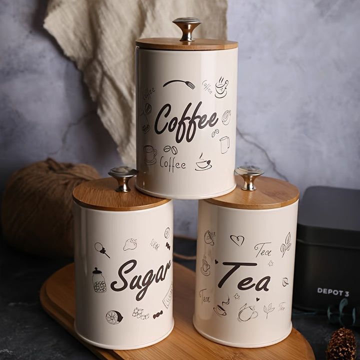 Juego de Recipientes Pequeños para Cocina, Set de 3 Contenedores Metálicos Vintage de 25 oz para Café y Azúcar con Tapa de Bambú, Decoración Rústica para Almacenamiento de Comida