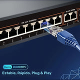 Conmutador PoE de 9 Puertos, Incluye 9 Puertos PoE y 2 Enlaces Upstream, PoE 100Mbps, IEEE802.3af/at, Fuente de Alimentación Interna de 120W, Función VLAN, Extensión de 250 Metros, Plug and Play, Metal sin Ventilador