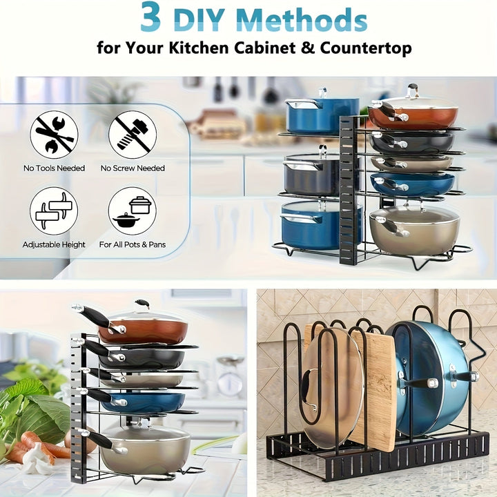 Organizador de Ollas y Sartenes de 8 Niveles - Resistente al Óxido, Antideslizante para Cocina - Diseño Ahorrador de Espacio con Soporte en el Piso para Hogar y Restaurante | Estante Metálico Duradero | Organizador Moderno para Utensilios