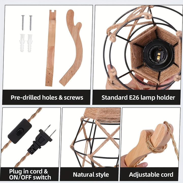 1pc Sconce de madera de granja rústica - Altura ajustable, control de botón de pulsar, 110-130V enchufe US, montaje de pared desmontable con hardware de instalación, sin bombilla incluida