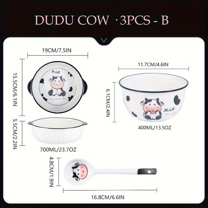 Juego de vajilla de cerámica moderna con lindo diseño de vaca de dibujos animados, platos y cuencos redondos con temática animal, adecuado para residencias universitarias y estudiantes universitarios - Juego de 3/4 piezas