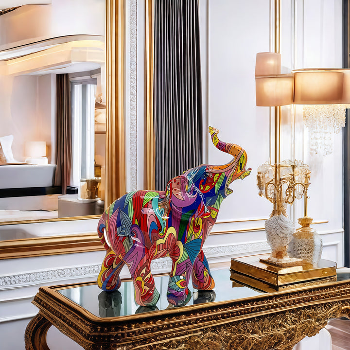Una estatua de resina de un elefante que simboliza la buena suerte, adecuada para decorar salones, dormitorios, entradas, armarios de TV, armarios de vino y oficinas.