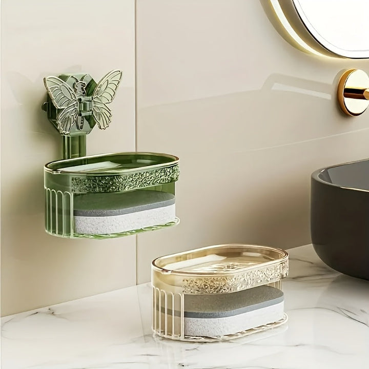 Conjunto de 2 hermosas mariposas jaboneras, caja de drenaje de doble capa con esponja, sin perforaciones ni marcas para montaje en pared, adecuado para baño y cocina, regalo de San Valentín, estantes