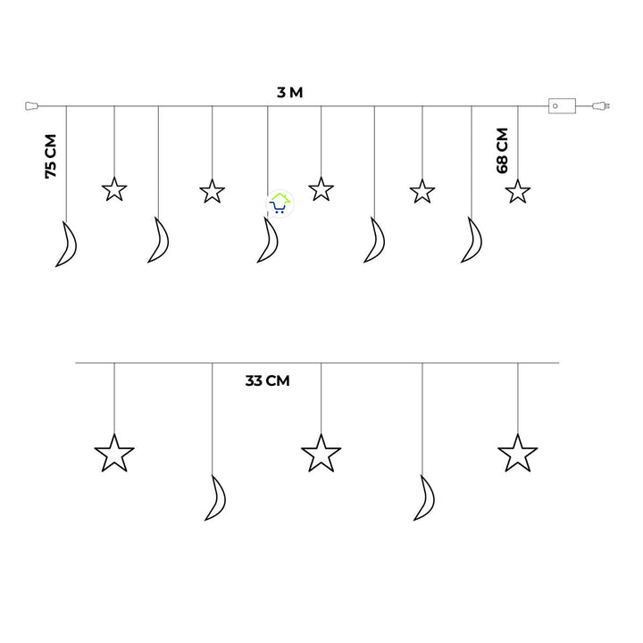 Cortina Intercalada Estrellas y Lunas 3 M x 79 CM  Luces 130 LEDS Navidad 1743