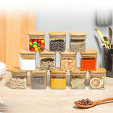 Juego de 12 frascos de vidrio con tapas de madera, contenedores de especias con tapas de sellado de madera, contenedores de almacenamiento de alimentos, adecuados para la cocina del hogar, té, hierbas, azúcar, sal, café, harina, granos, etc.