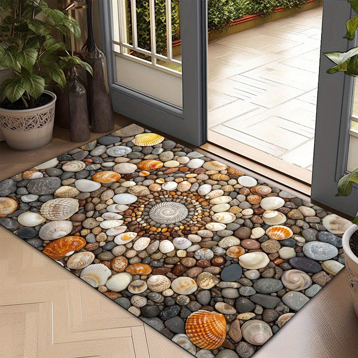 1 alfombra de bienvenida con diseño de conchas y guijarros, alfombra de pelo de cristal lavable para entrada, adecuada para sala de estar, dormitorio, lavandería, oficina, alfombra multifuncional, decoración del hogar, decoración de granja