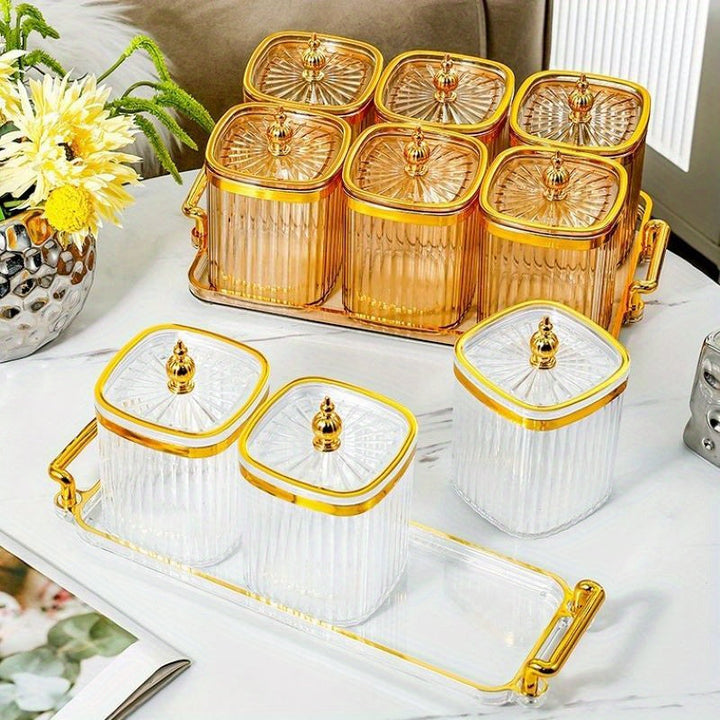 Juego de Tarros Sellados 3/4/6 con Bandeja, Tarro de Almacenamiento Plástico para Cocina y Comedor, Adecuado para Guardar Snacks, Frutos Secos, Galletas, Dulces, Granos Variados, Condimentos