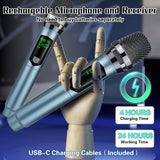 Micrófono dinámico gris Heikuding 108 con control de volumen, batería de litio recargable por USB, conector de 6,35 mm, inalámbrico a 2,4 MHz, con clip y soporte para actuaciones en vivo, grabación y transmisión.