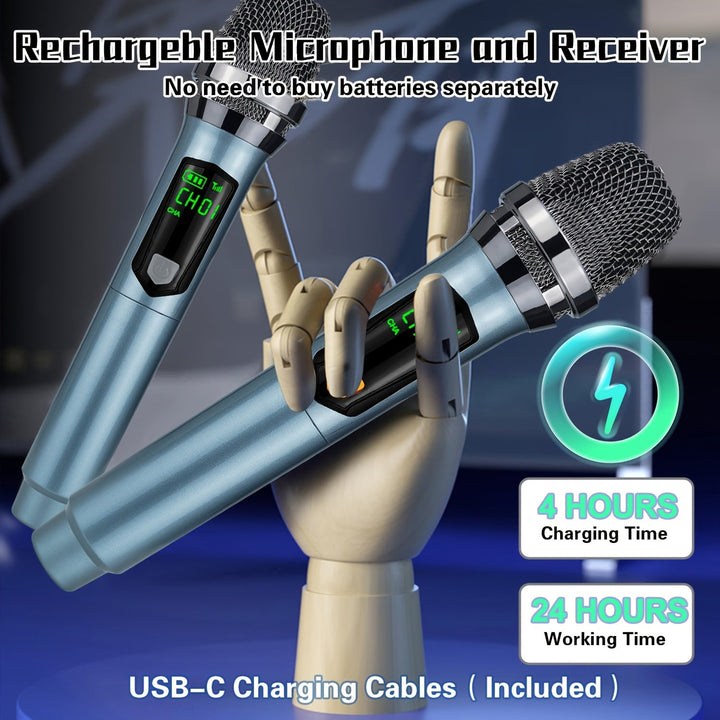 Micrófono dinámico gris Heikuding 108 con control de volumen, batería de litio recargable por USB, conector de 6,35 mm, inalámbrico a 2,4 MHz, con clip y soporte para actuaciones en vivo, grabación y transmisión.