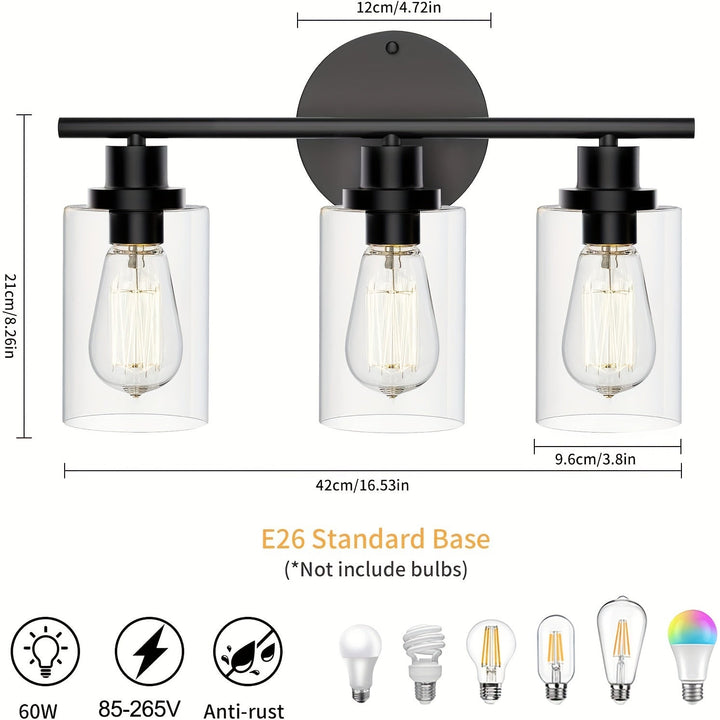 1 pza. Apliques de baño modernos, iluminación LED negra mate de 3 luces con base de bombilla E26, estilo granja, montaje en pared, sin batería, accesorio de iluminación