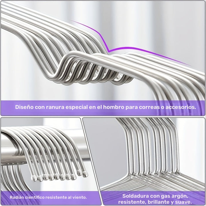 Conjunto de 20 Perchas Metálicas Premium - Antideslizantes, Resistentes y Antióxido, Acero Inoxidable con Acabado Pulido, Ranuras Mejoradas para el Hombro para Organización del Armario, Estantería Ahorradora de Espacio para Abrigos, Vestidos y Más, Ideal