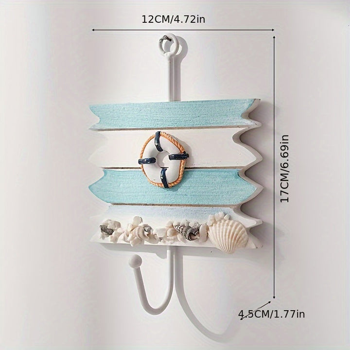Perchero de madera contemporáneo y ganchos para toallas, organizador de almacenamiento de fácil instalación en la pared para el hogar, hotel, decoración costera - Perchero colgante de temática náutica con velero decorativo, ancla, timón y conchas marinas