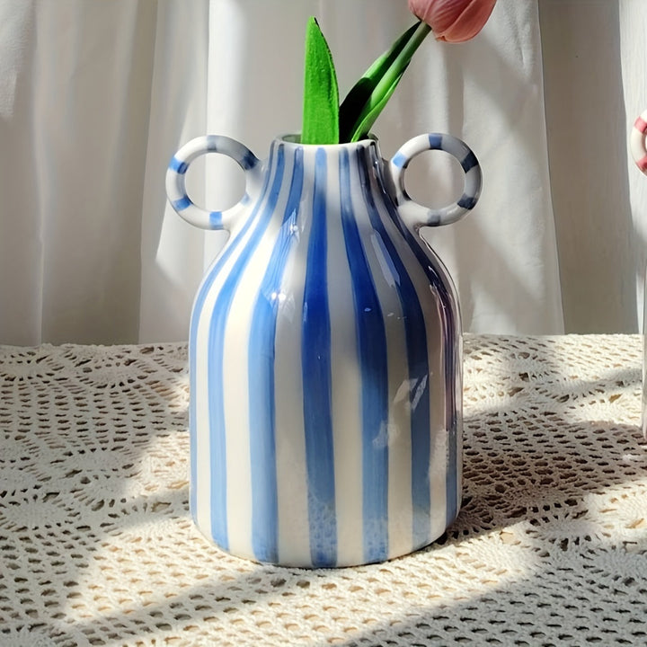 1pc Jarrón de cerámica con rayas, estilo creativo y sencillo, con dos asas, forma cilíndrica redonda, decoración para el hogar y la cocina, no requiere energía, no incluye batería