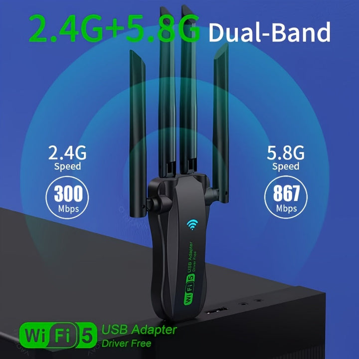 Adaptador Wi-Fi USB de Doble Banda Vszapower con 4 Antenas Ajustables, Velocidad de 1300Mbps, Baja Latencia, Frecuencias 2.4G/5.8G, Portátil Plug & Play para Hogar, Oficina, Estudio, Hotel, Uso en Apartamentos, Vszapower