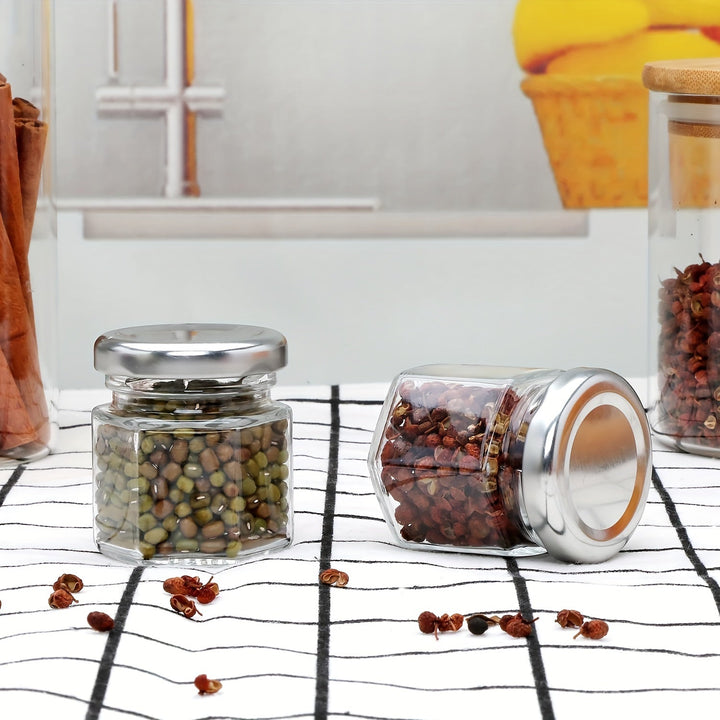 32pcs Mini Tarros de Vidrio Hexagonales con Tapas Metálicas de Rosca, Contenedores Herméticos de 1.5oz para Miel, Mermelada, Especias, Recuerdos de Boda, Manualidades DIY - Grado Alimenticio, No Necesita Electricidad