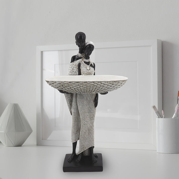 Estatua de Pareja Africana Vintage Dorada - Figura de Arte Tribal con Bandeja de Almacenamiento para Llaves para Decoración del Hogar, Perfecta para Sala de Estar, Estantería y Mesa, Regalo Ideal de Inauguración para Mujeres, Lo Mejor para Navidad