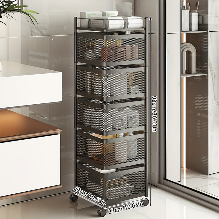 Carrito de almacenamiento metálico giratorio de 5 niveles con canasta rotatoria - Organizador ahorrador de espacio para cocina, baño, oficina - Diseño resistente en malla de alambre negro multiusos - Ideal para organización del hogar, organizador de baño