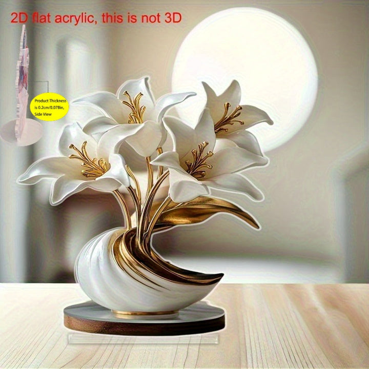Estatuilla Decorativa Plana en 2D | Adorno de Flor de Lirio y Jarrón de Acrílico - Elección Ideal para Dormitorio, Sala de Estar y Oficina | Adecuado para Hogar, Café, Boda, Aniversario, Ceremonia de Graduación