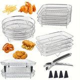 Juego de 8 Piezas para Freidora de Aire: Rejilla Apilable, Pinzas y Alfombrilla Reforzada - Rejilla de 3 Niveles para Cocina Saludable y Deshidratación, Compatible con Lavavajillas, Horno, Olla a Presión y la Mayoría de Freidoras de Aire, Herramientas Mu