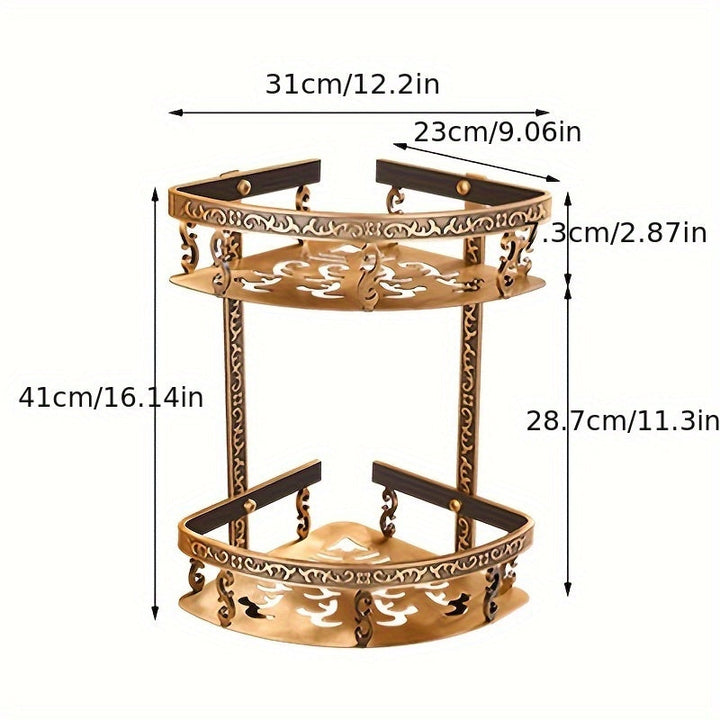 Elegante estante de ducha de esquina con acabado de latón estilo europeo antiguo - Soporte de almacenamiento de pared de aluminio para baño, diseños florales decorativos, no incluye tuberías metálicas, decoración y accesorios para el baño.