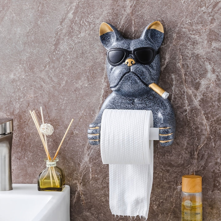 1pz/Porta Papel Higiénico con Forma de Cabeza de Perro Bulldog Lindo y Gafas de Moda, Estante para Toallas Montado en la Pared, Accesorios de Baño, Colgante Creativo sin Taladro para Cocina y Baño