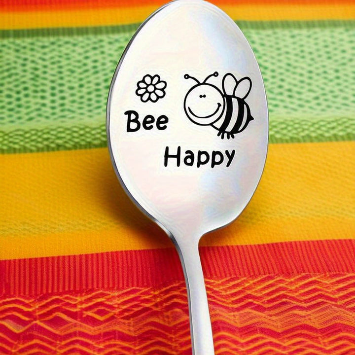 1 pieza, cuchara de acero inoxidable, cuchara grabada con dibujos animados "Happy Bee", cuchara divertida, cuchara de café, cuchara de helado, cuchara de té, cuchara de postre, para regalos del día de San Valentín, regalos de aniversario, suministros par