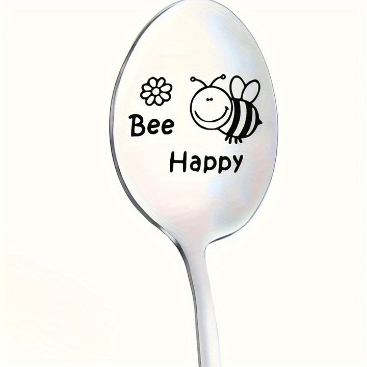1 pieza, cuchara de acero inoxidable, cuchara grabada con dibujos animados "Happy Bee", cuchara divertida, cuchara de café, cuchara de helado, cuchara de té, cuchara de postre, para regalos del día de San Valentín, regalos de aniversario, suministros par