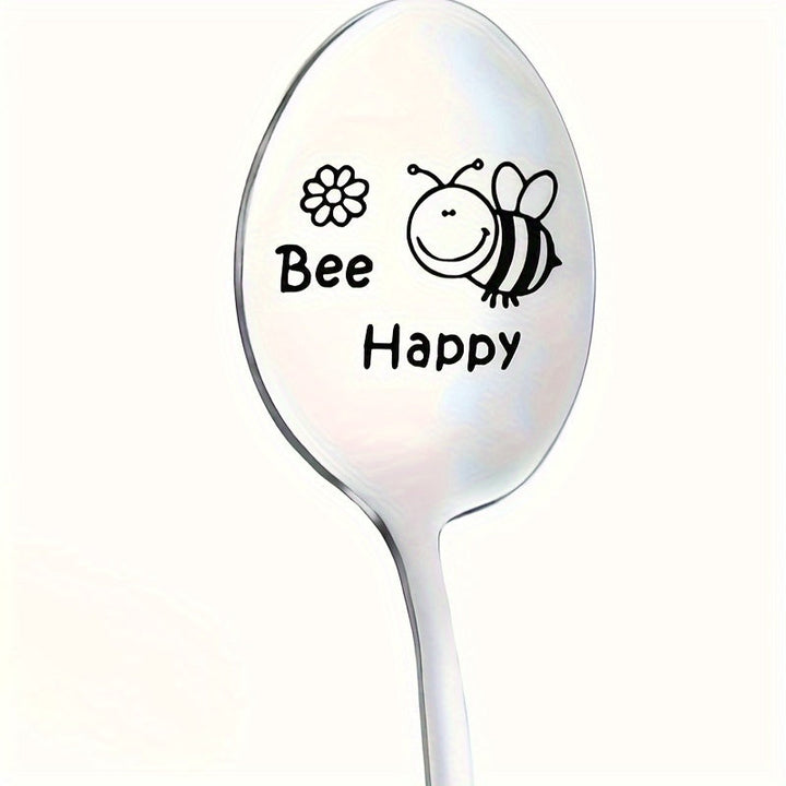 1 pieza, cuchara de acero inoxidable, cuchara grabada con dibujos animados "Happy Bee", cuchara divertida, cuchara de café, cuchara de helado, cuchara de té, cuchara de postre, para regalos del día de San Valentín, regalos de aniversario, suministros par