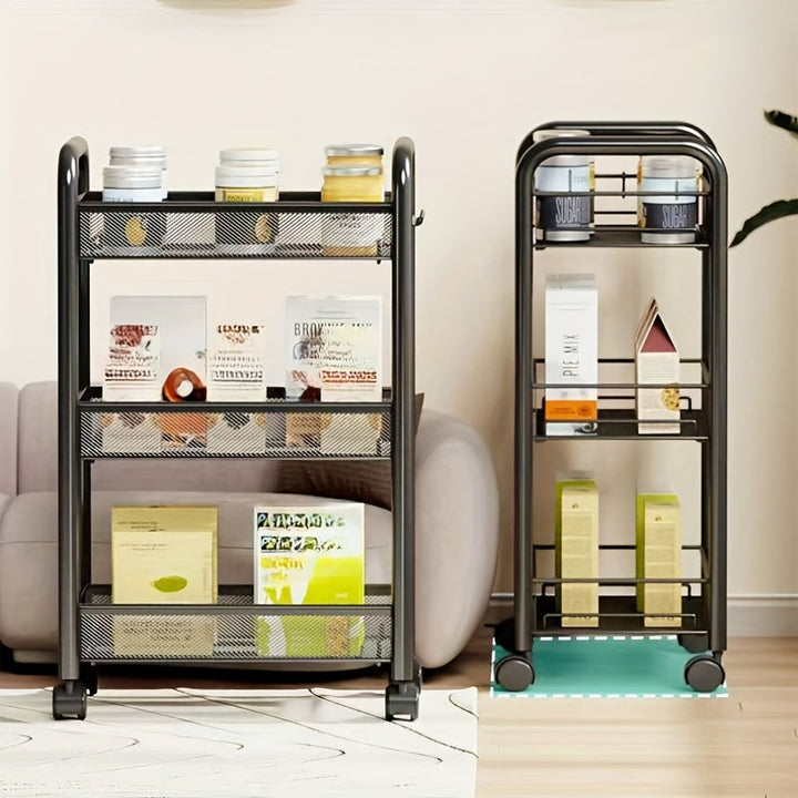 1 pieza de 3 niveles de carrito de almacenamiento de metal negro con poleas - Organizador versátil para cocina, dormitorio, baño, oficina y sala de estar, estante de canasta de alambre duradera, ensamblaje fácil, unidad de estantería versátil | Acabado m