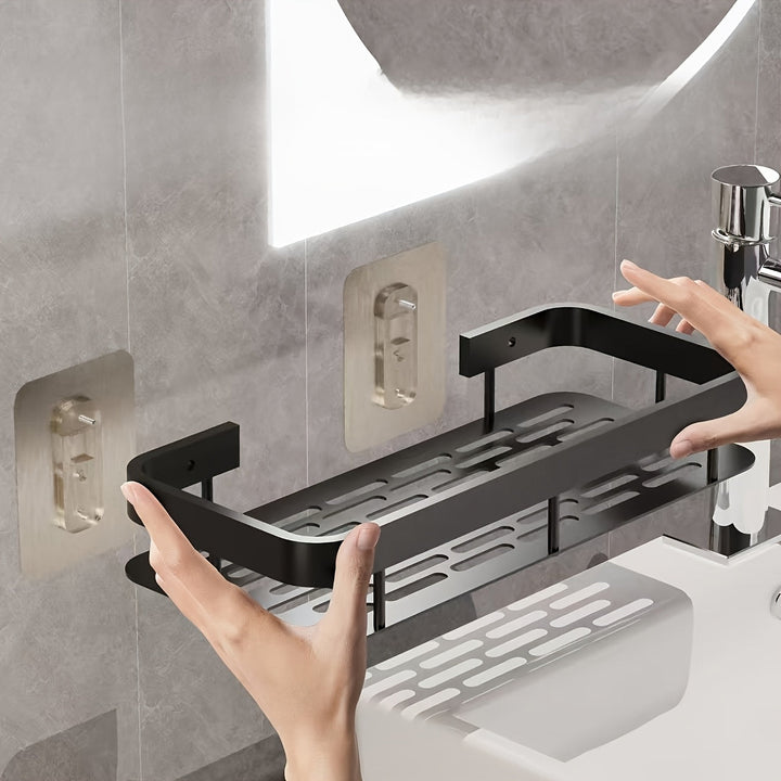 Estante de baño multifuncional | Adecuado para 5 escenas, soporte de pared sin taladro | Fregadero de plástico duradero con cinta de drenaje | Acabado negro elegante | Organizador de champú, jabón y accesorios que ahorra espacio | Instalación fácil | Ele