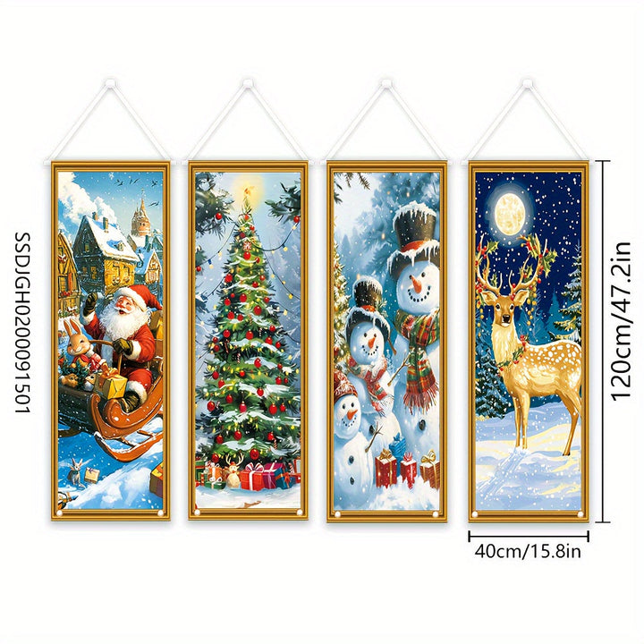 Conjunto de 4 Banderines Navideños para Porche - Decoraciones Duraderas de Poliéster con Diseños de Santa, Muñeco de Nieve, Reno y Árbol, 119.89cm x 40.13cm, Fáciles de Colgar y Lavables para Exhibición en la Puerta de las Fiestas