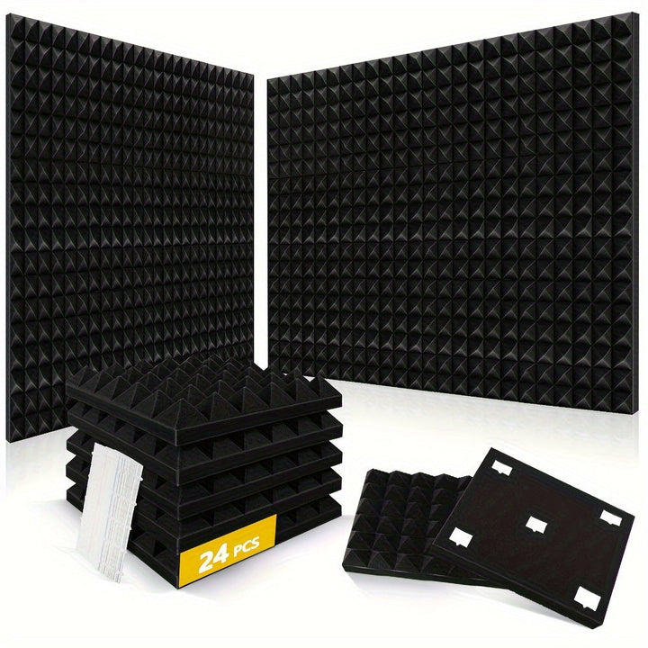 24 piezas - 2 x 12 x 12 pulgadas - Paneles de espuma a prueba de sonido en forma de pirámide, paneles de pared a prueba de sonido de alta densidad, tableros de estudio de espuma a prueba de fuego que reducen el ruido y el eco.