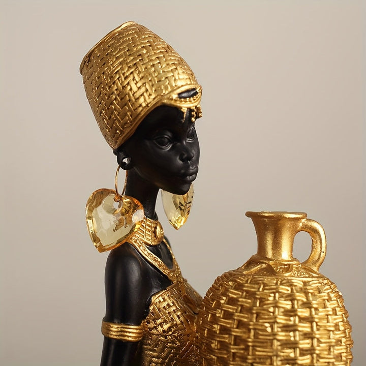 Figura de Resina Africana con Textura Tejida, Decoración Elegante en Dorado y para Sala u Oficina, Estatua Decorativa para Estante o Regalo para Mujeres